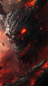 Demonic skull of molten fire amid dark infernal landscape.