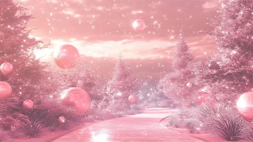 Pink fantasy forest path with floating reflective spheres.