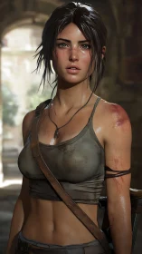 Female adventurer character in worn tactical clothing.