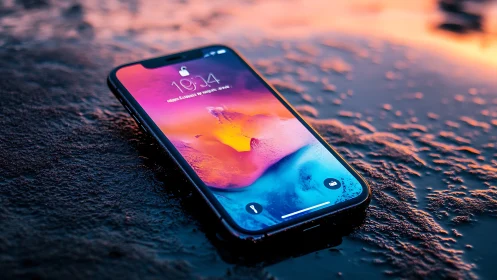 Modern smartphone displaying gradient thermal imaging wallpaper with digital interface elements visi