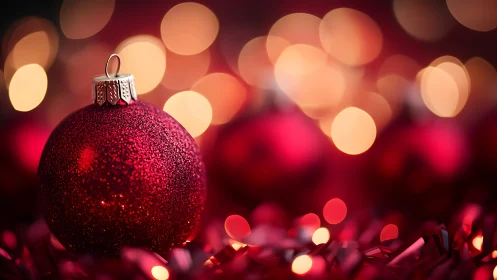 Red glitter bauble with warm bokeh lights in background.