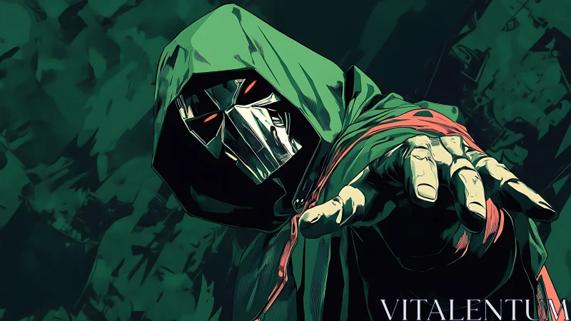 Hooded chrome phantom reaching from emerald shadowed void.