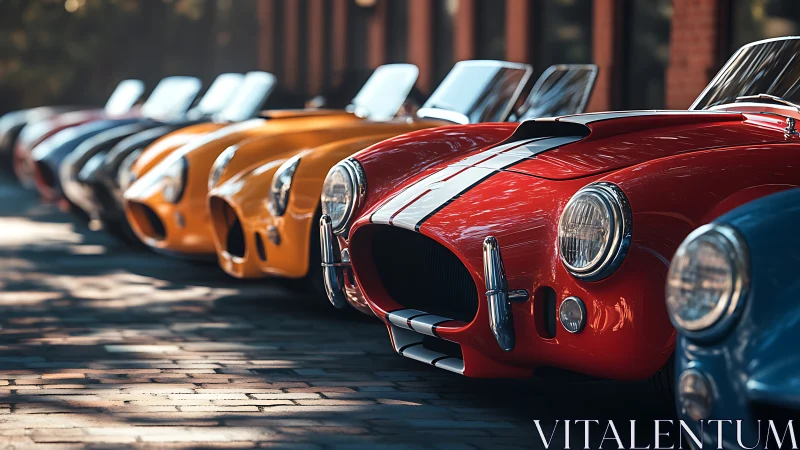 Classic sports roadsters parked in vivid color lineup.