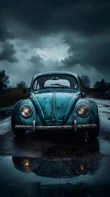 Storm-kissed turquoise beetle waits beneath brooding skies.
