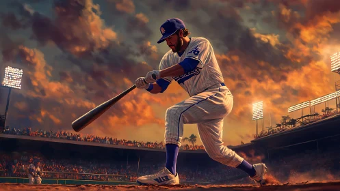 Sunlit ballpark slugger captured mid-swing in dynamic perspective