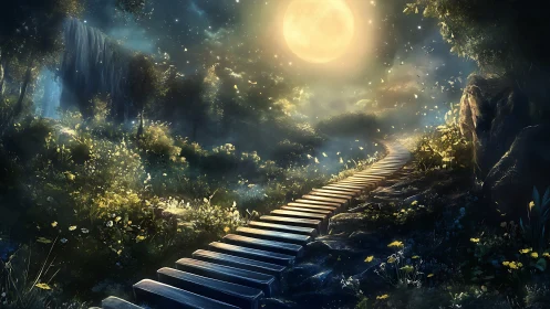 Moonlit forest path ascends toward a glowing enchanted sky