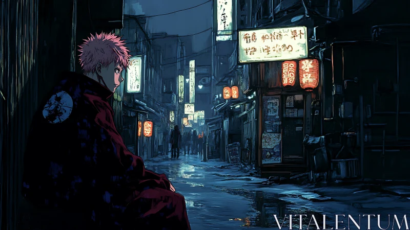Neon‑lit alley broods under rain with lone anime figure.