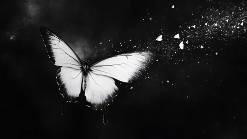 Monochrome butterfly disintegrating into luminous particle shards