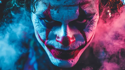 Sinister neon clown portrait in dramatic split lighting.