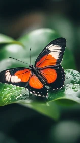 Scarlet butterfly on dewy foliage in soft macro focus.