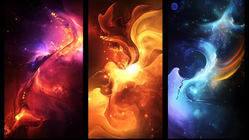 Glowing elemental nebulae swirling in rich cosmic color.