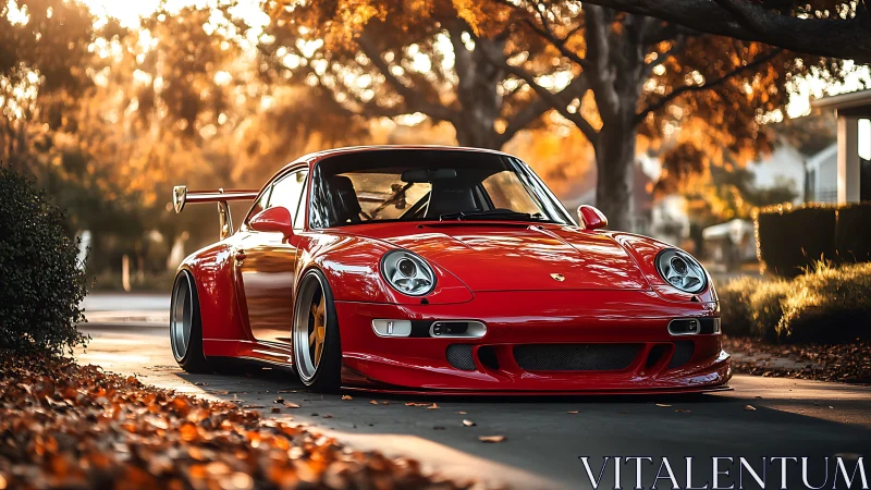 Classic red sports car glowing in soft autumn sunset light.