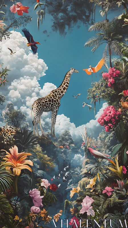 Dreamy jungle skyline with giraffes and sky-bright birds.