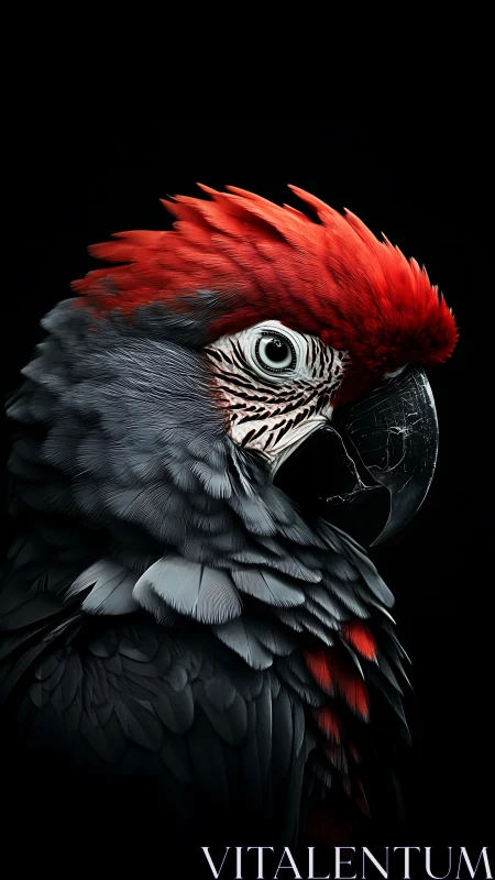 Scarlet and charcoal parrot portrait against black field