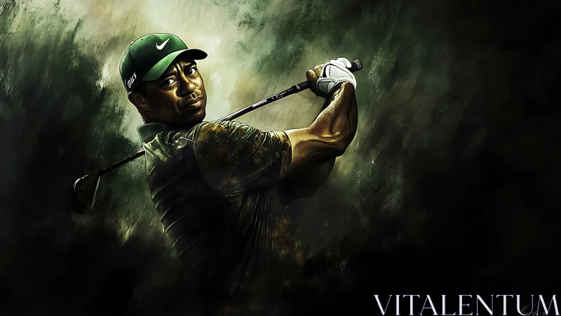 Digital painting of golfer mid-swing with dynamic chiaroscuro.