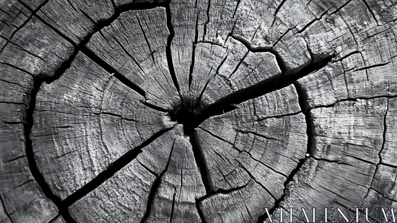 Radial grayscale study of cracked tree trunk rings pattern.