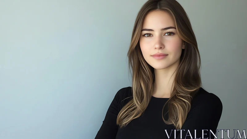 Confident young woman with natural makeup in minimalist portrait.