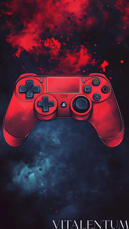 Red neon gaming controller with dynamic particle dispersion effect