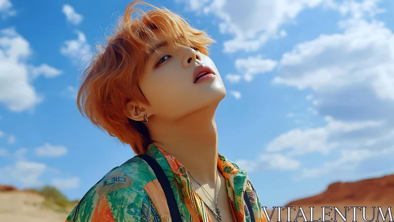 Stylized desert portrait of red‑haired youth under midday sky