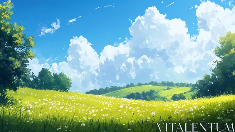 Digital landscape of sunlit meadow, trees and cloudscape.