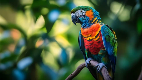 Vibrant Macaw Perched on Branch in Lush Tropical Setting.