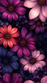 Vibrant Digital Daisies in Saturated Pink, Purple, and Red Tones