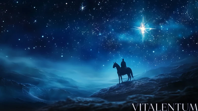 Lone rider gazes toward radiant guiding star under night sky.