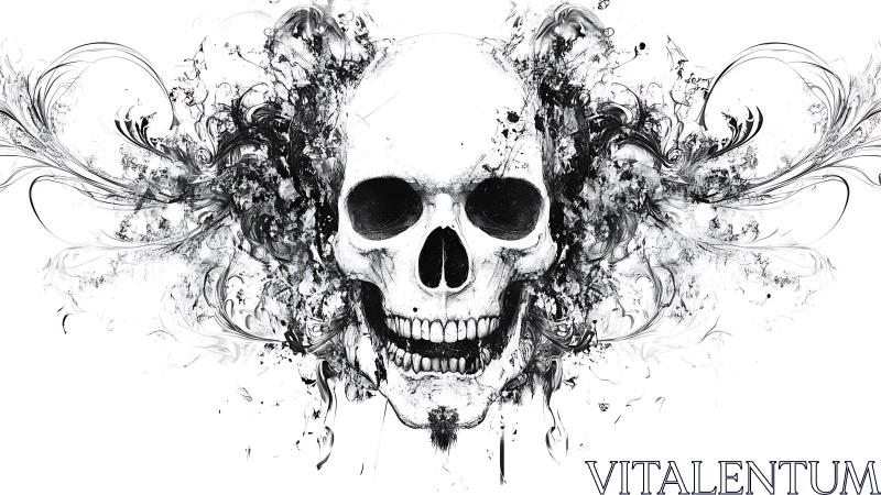 Symmetric ink-rendered skull with splatter filigree expansion