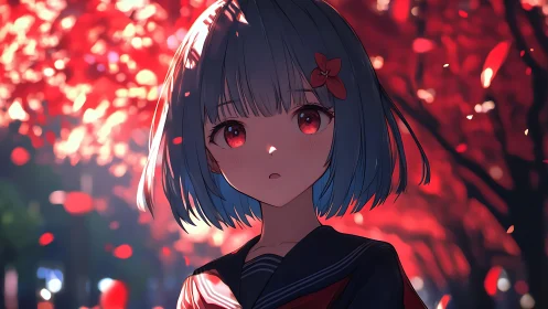 Crimson-lit girl beneath autumn bokeh canopy at dusk.