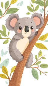 Digital koala illustration in stylized eucalyptus tree setting.