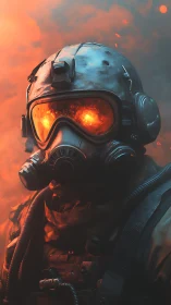 Soldier in gas mask stands in orange firelit smoke