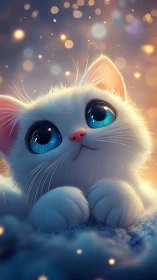 White Cat with Luminous Blue Eyes Against Bokeh Glow.