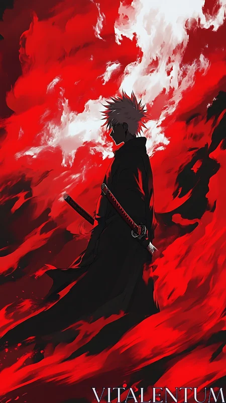 Scarlet storm swirls around a lone swordsman in shadow