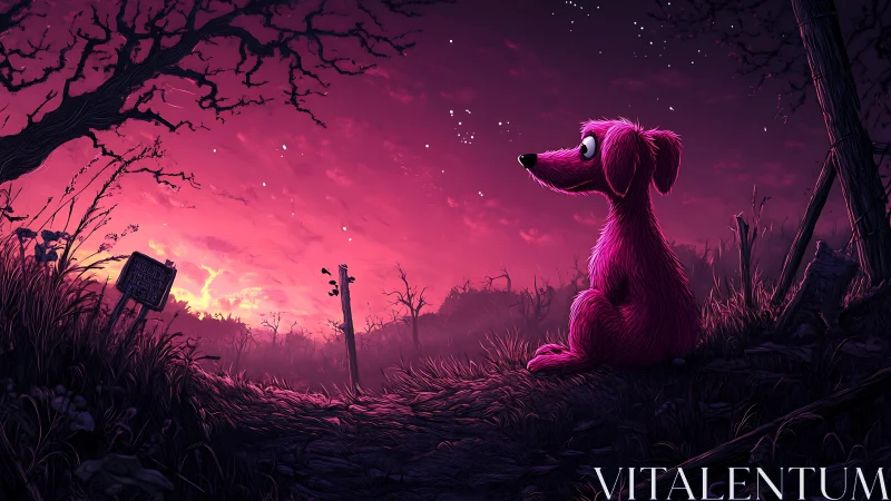 Pink cartoon dog in twilight field under vivid sky.