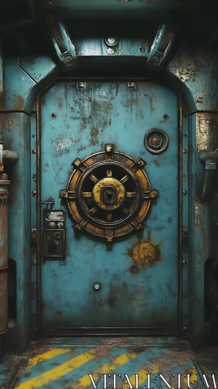 Rust-weathered industrial blast door with circular locking hub