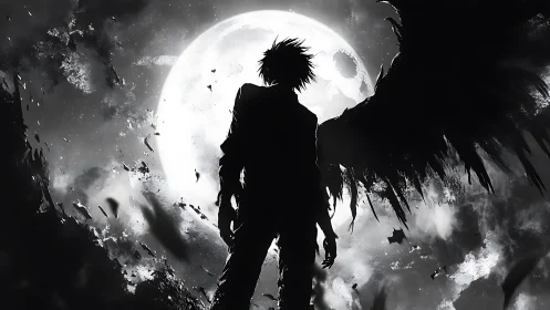 Silhouetted winged figure before full moon in grayscale sky.
