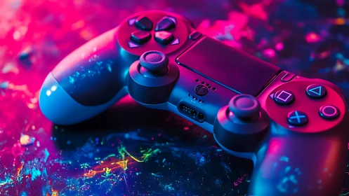 Gaming Controller Under Neon Lighting.