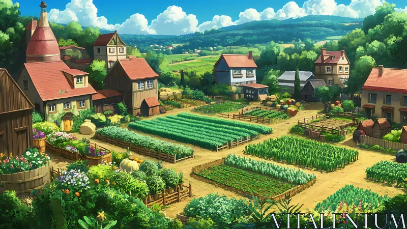 Sunlit rural village farmstead thrives under clear skies.