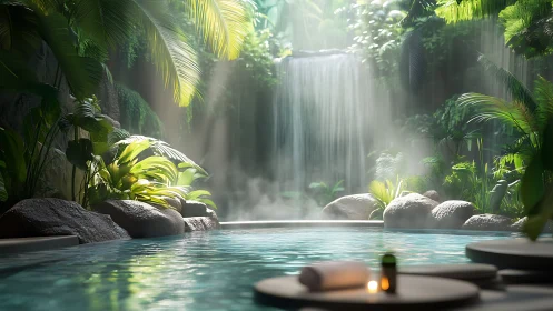 Tropical spa pool beneath misty waterfall in soft sunlight.