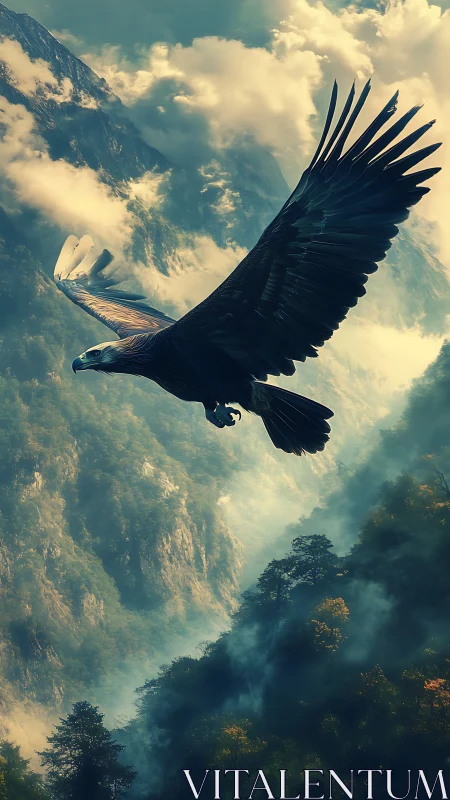 Soaring eagle over misted canyon in dramatic sunlight.