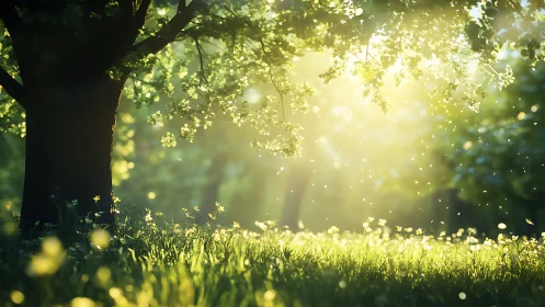 Sunlit Forest Glade with Tree and Floating Pollen, Dreamy Nature Scene.
