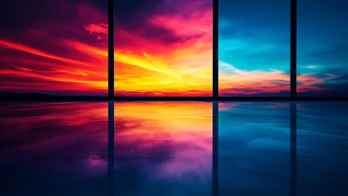 Panoramic glass wall captures high-saturation sunset gradient reflection