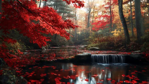 Autumn forest creek with high-saturation foliage and soft water blur