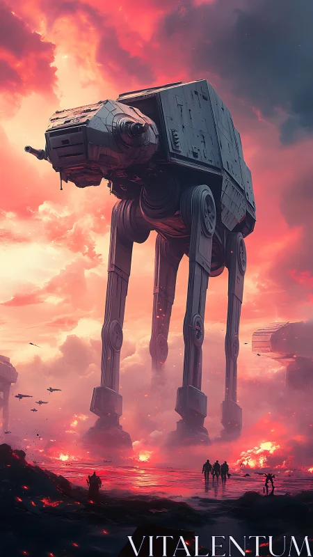 Giant quadruped combat walker on fiery alien battlefield.