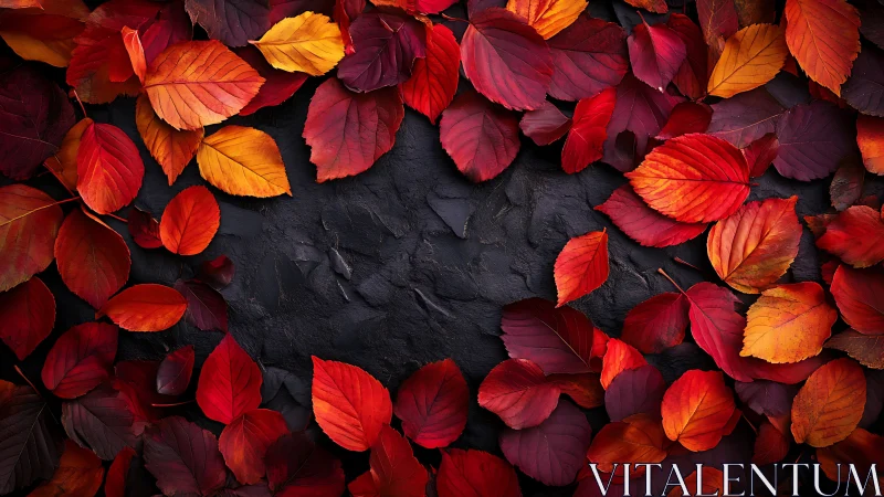 Red and orange autumn leaves on dark textured background.
