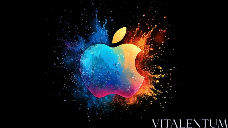 Color-splashed apple emblem erupts in neon liquid motion.