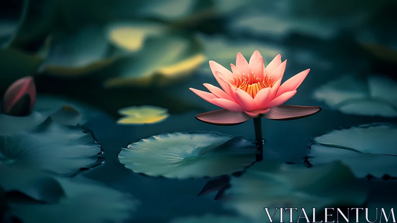 Luminous pink water lily over deep teal lily pads at dusk.