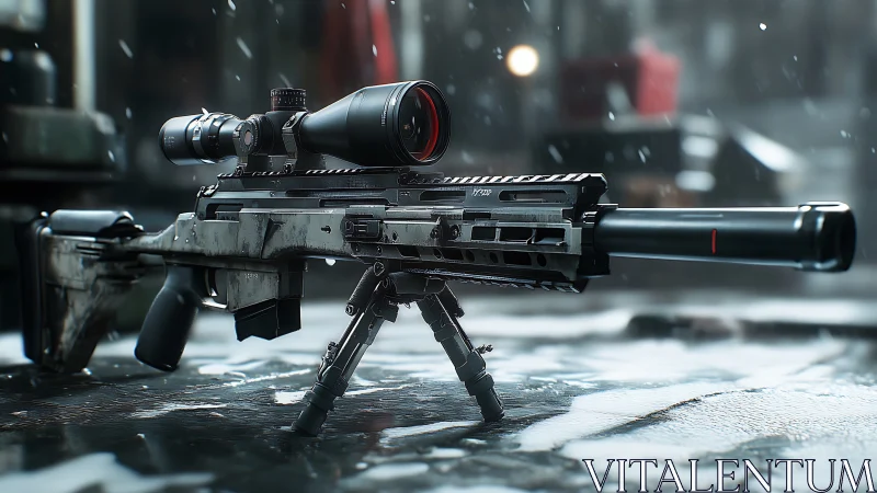 Tactical Precision: Scoped Rifle Awaits the Storm.