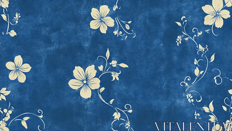 Botanical Flourish Wallpaper Design: Cream Florals Against Deep Indigo Ground.