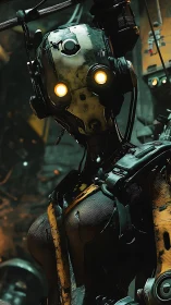 Curious yellow eyed robot watching from a neon lit workshop.
